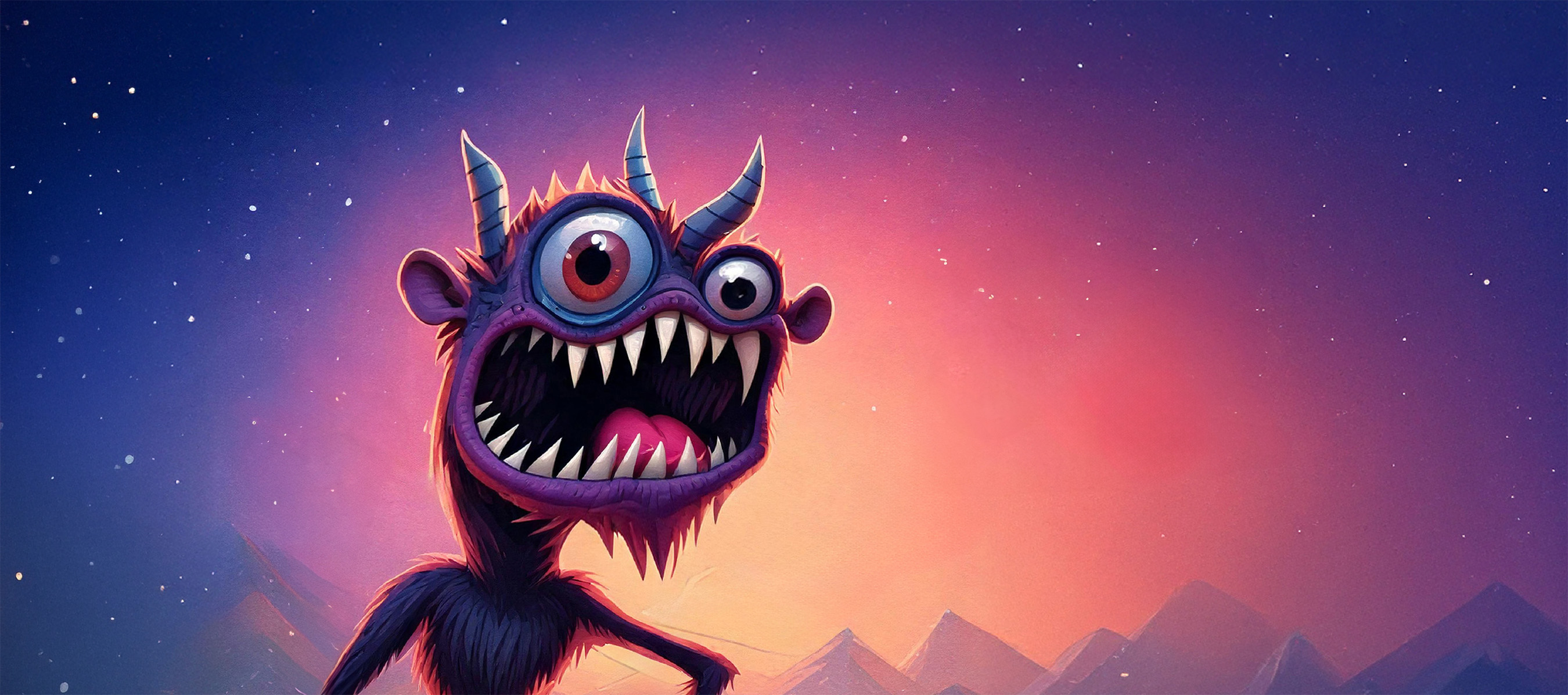 The Magic Monster character against a sunset gradient sky.