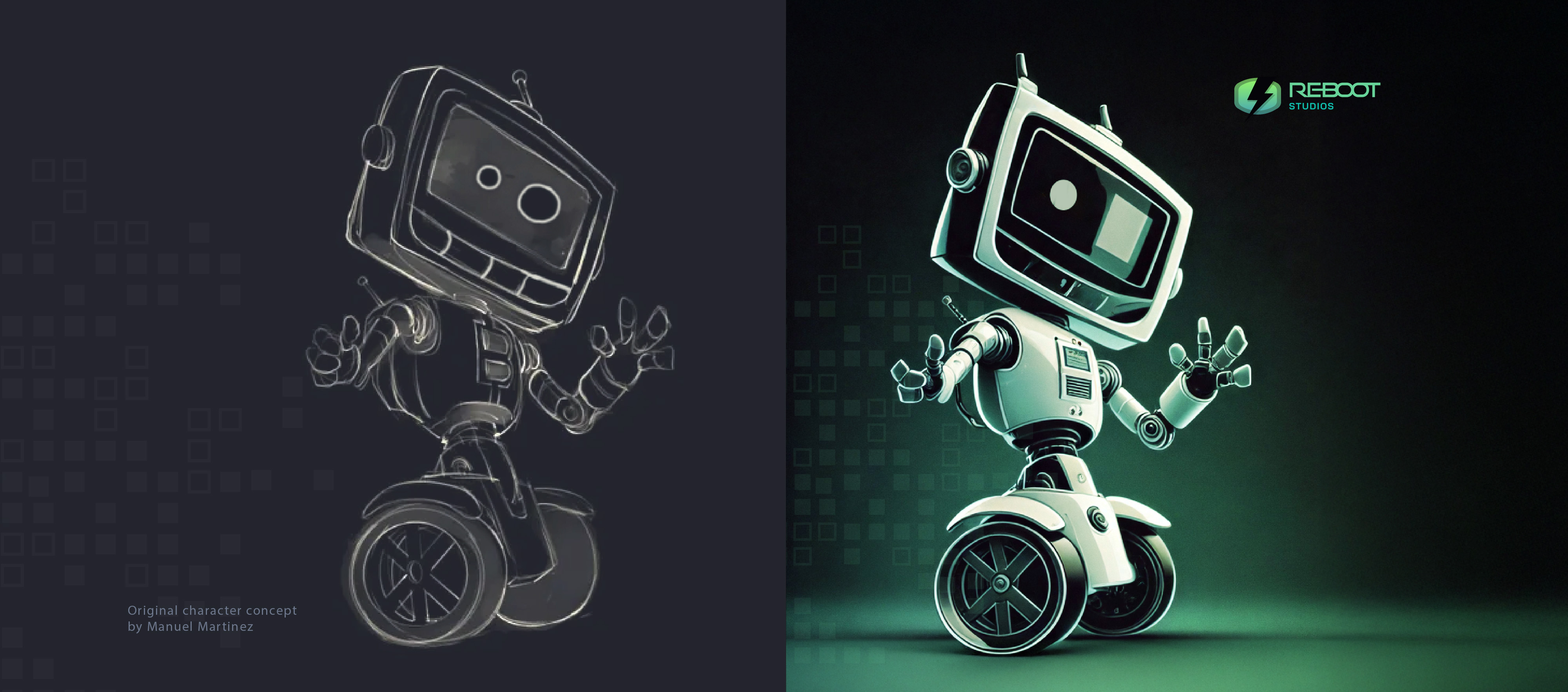 Reboot Studios robot character, concept sketch beside the finished render.