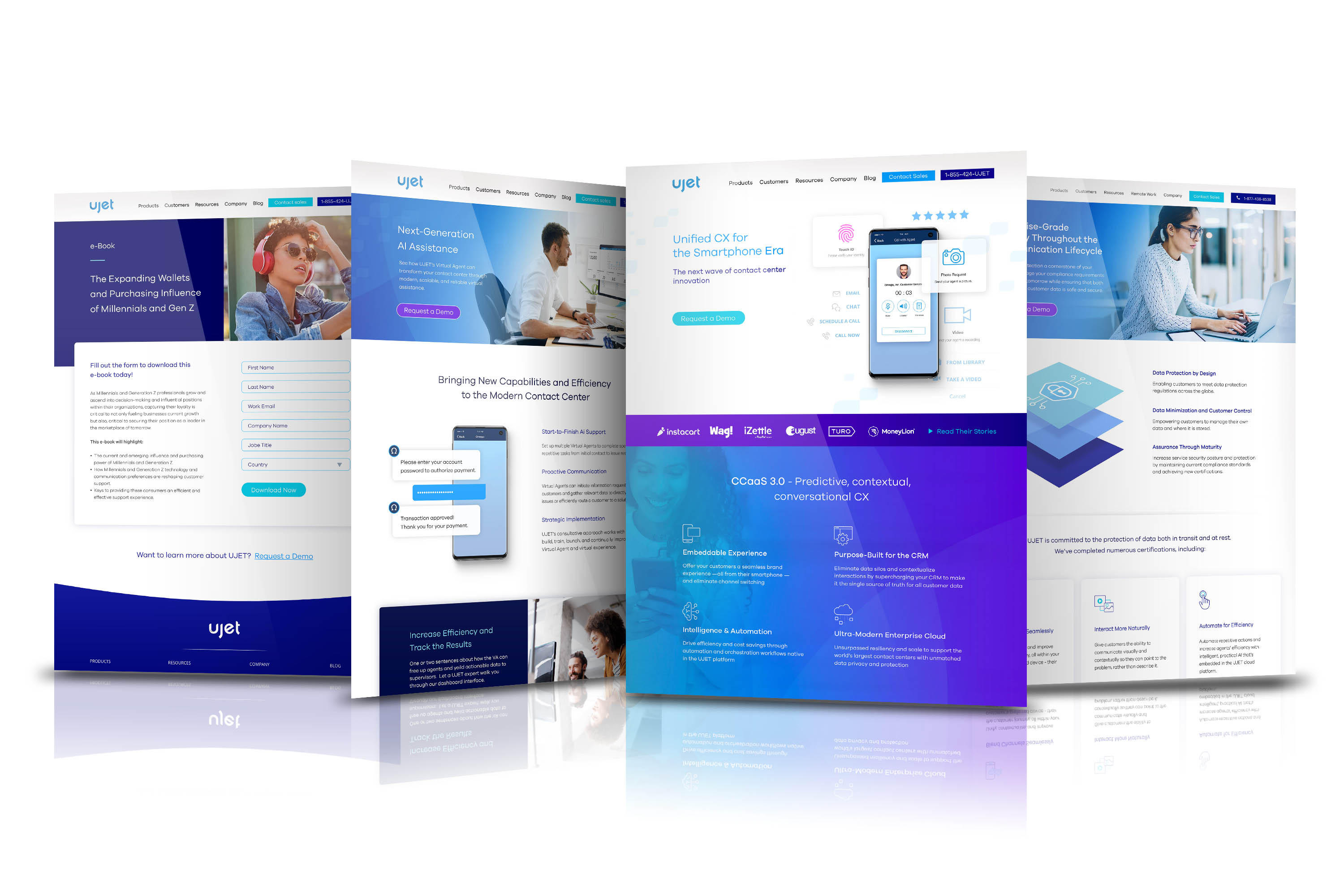 UJET website design system shown across four page layouts.