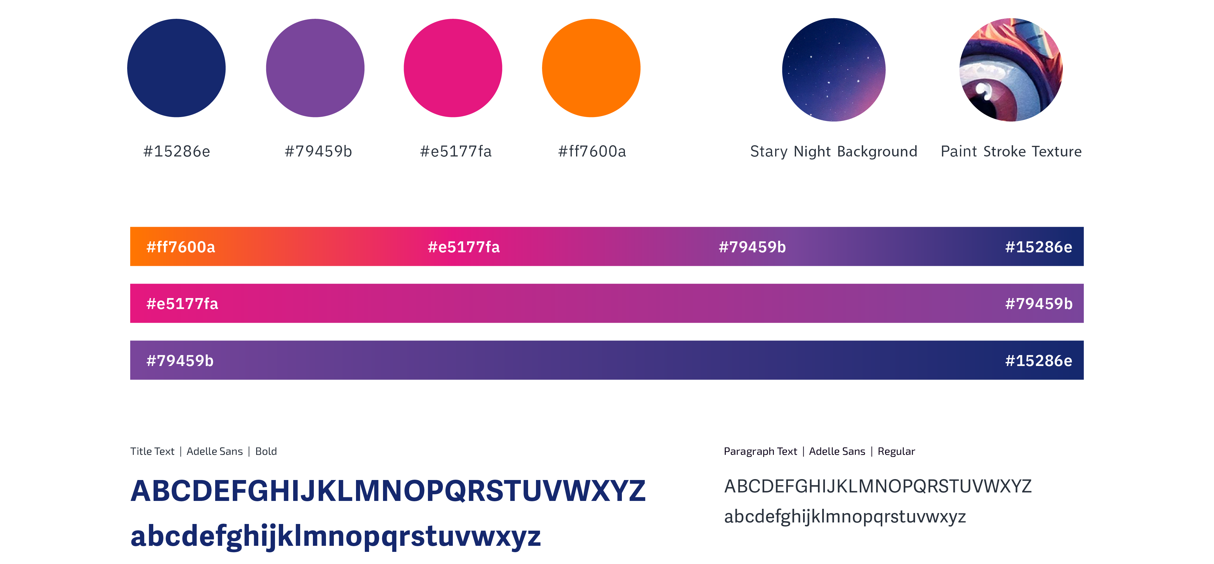 Brand element sheet: four core colors with hex values, three gradient bars, and the Adelle Sans type scale.