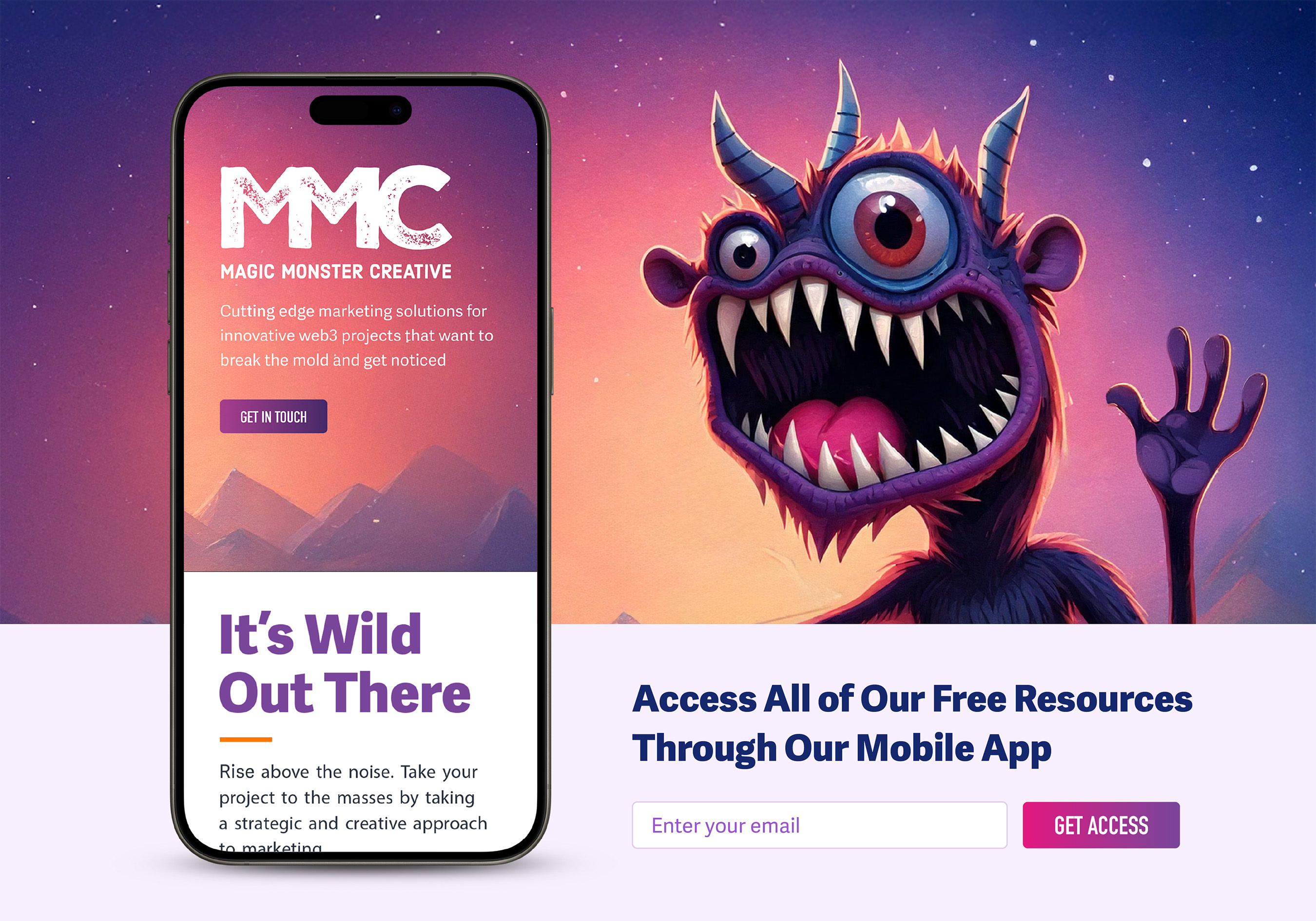 Mobile app screens and a resource sign-up section: the MMC lockup on a phone beside the monster illustration and an email capture form.