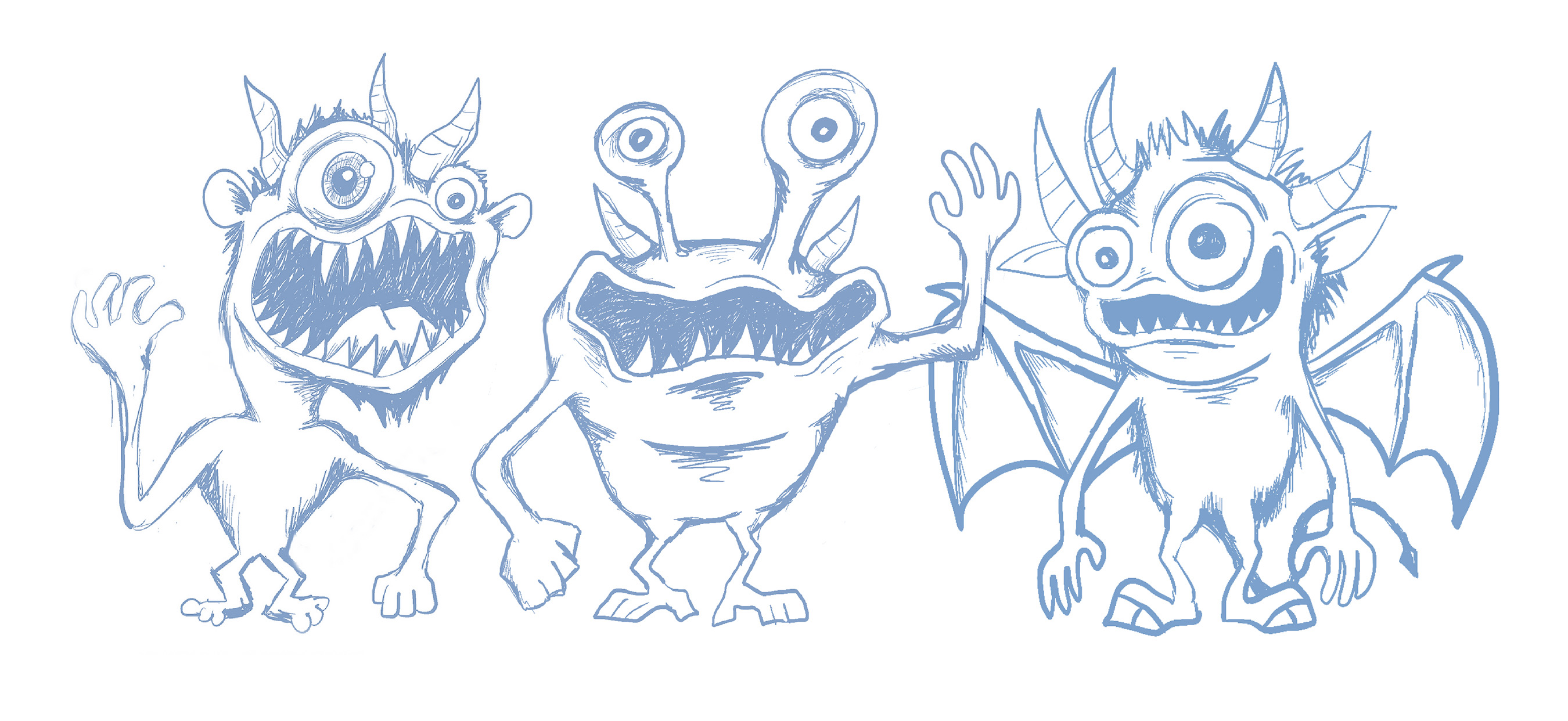 Three blue pencil sketches of the Magic Monster characters: a horned one-eye, a two-stalk-eyed grinner, and a winged imp.